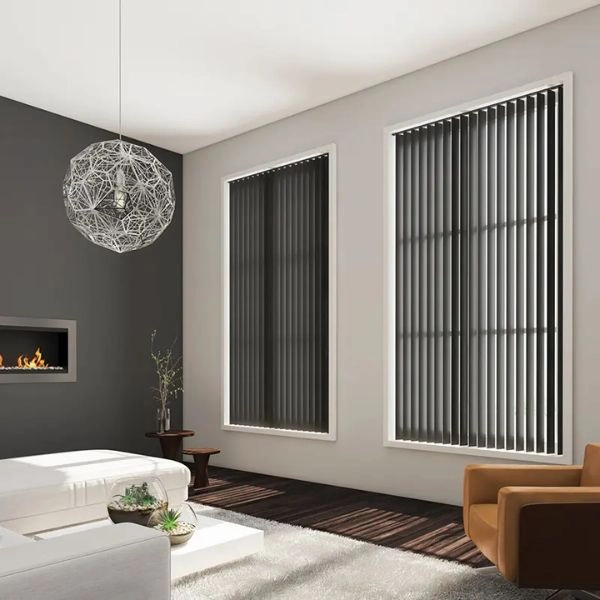 Dark grey vertical blinds living room