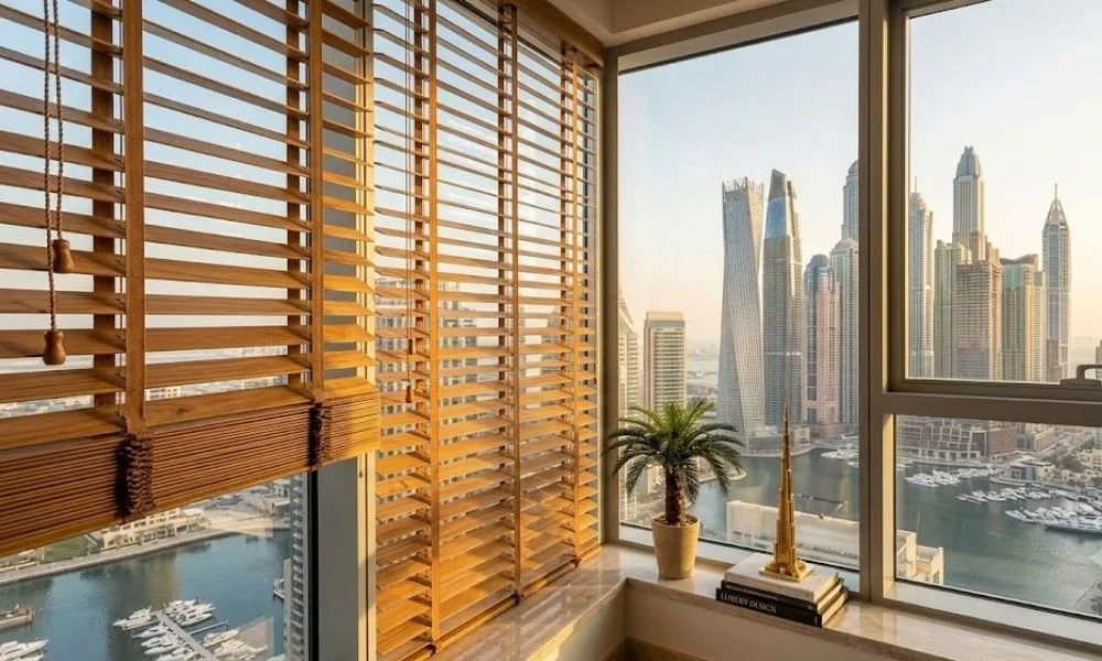 Teak wooden blinds Dubai marina view