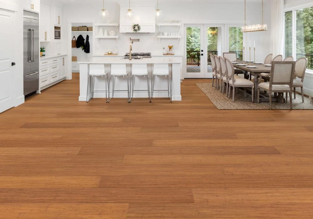 Spacious kitchen dining warm timber vinyl floor
