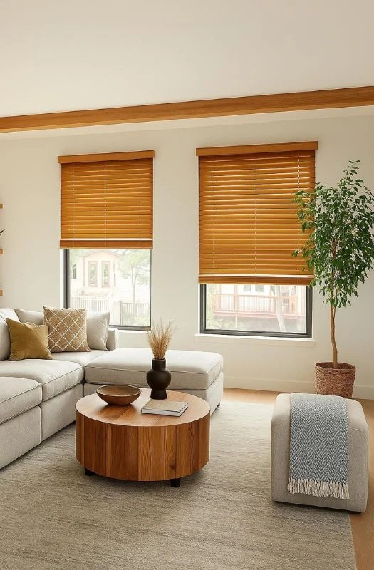 Honey wooden Venetian blinds bright lounge