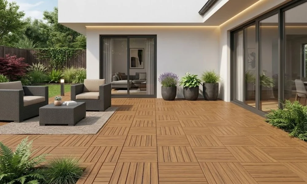 Interlocking outdoor wood tiles patio design