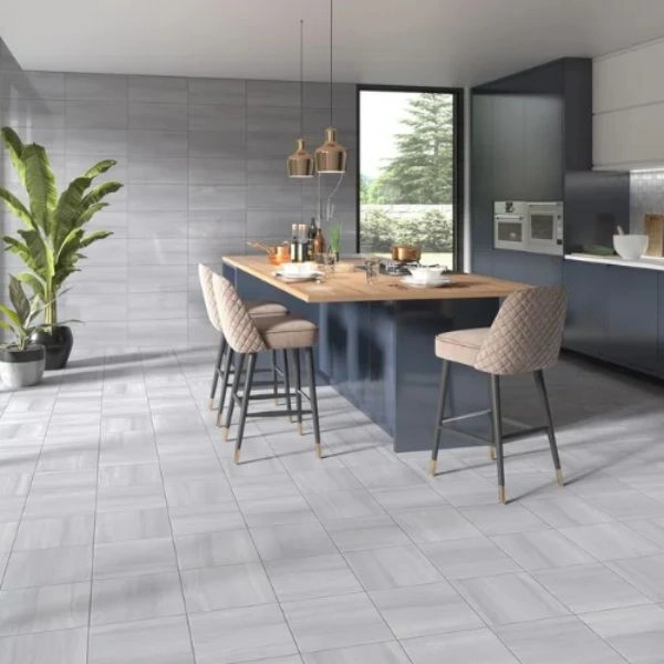 Modern kitchen island with grey floor tiles