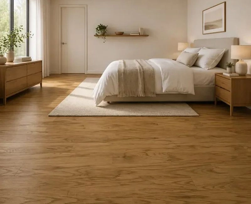 Light oak wood flooring master bedroom