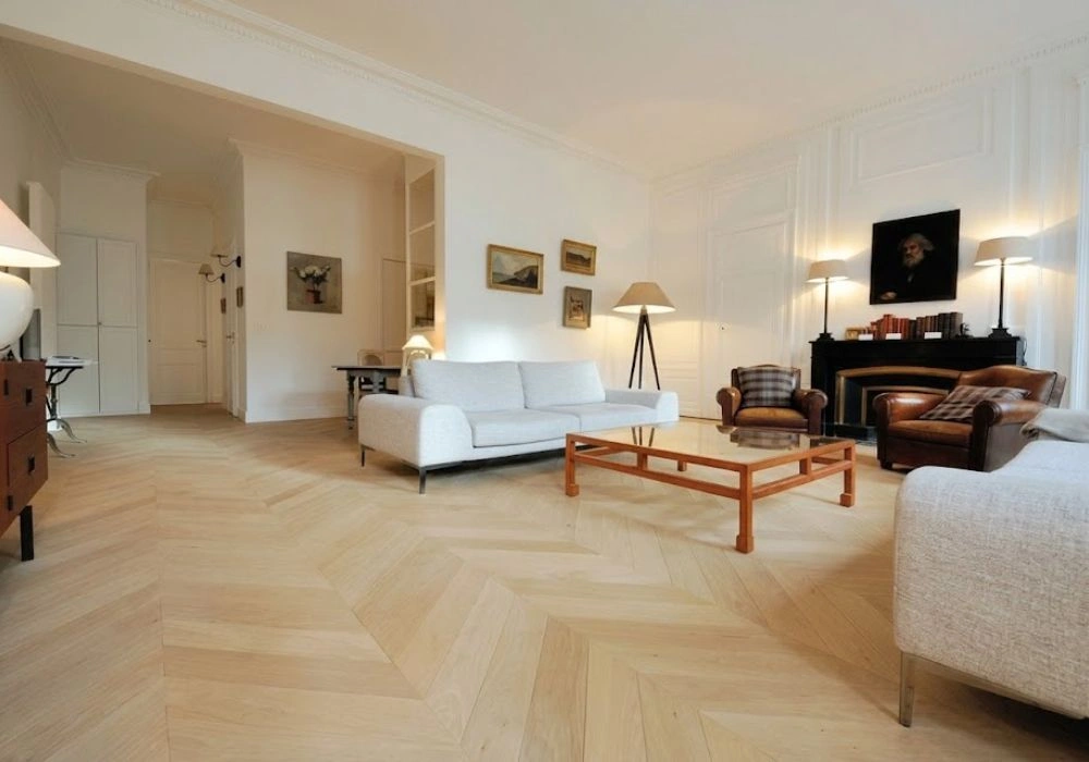 Modern white living room with chevron herringbone