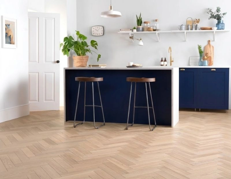 Bright kitchen island with light parquet flooring