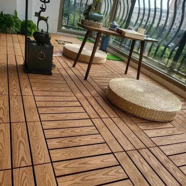 Japanese style balcony with light wood deck tiles