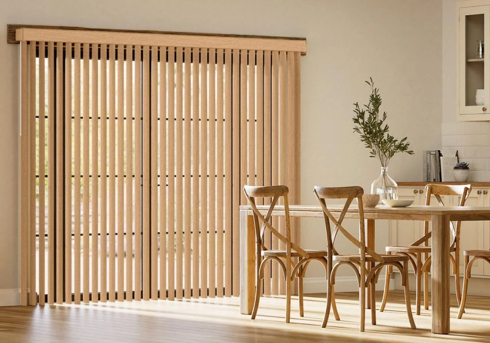 Light brown vertical blinds dining area