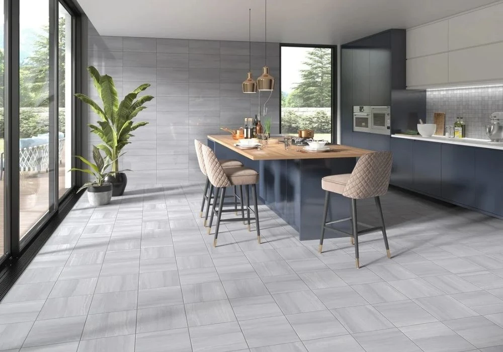 Light grey ceramic tiles in modern kitchen