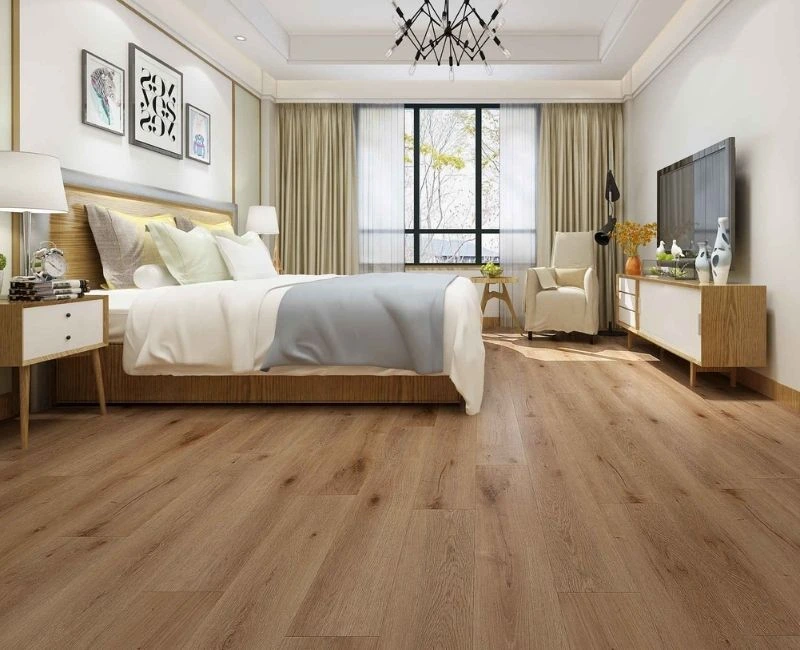 Light wood grain LVT flooring bedroom