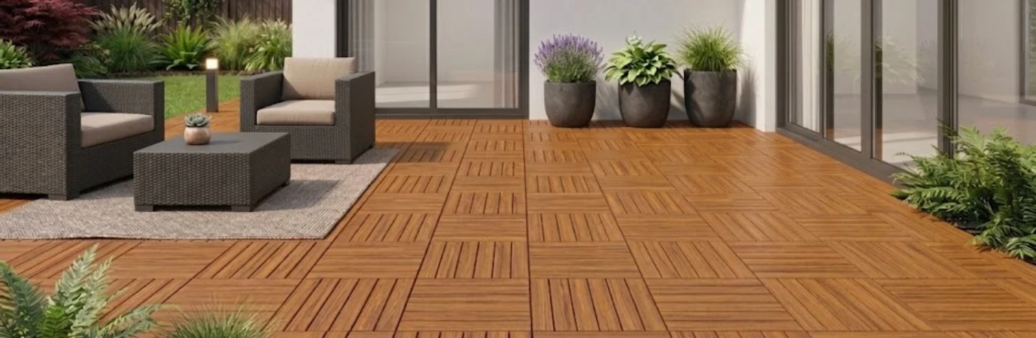 Luxury backyard patio with wooden deck tiles