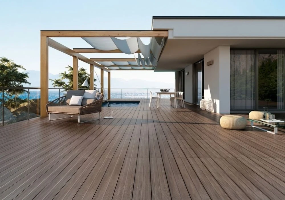 Modern outdoor terrace floor with dark wood deck