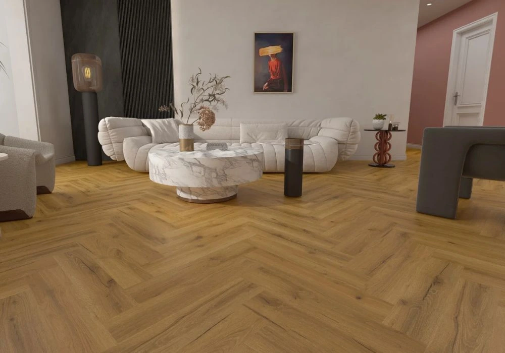 Luxury sitting room with teak herringbone parquet