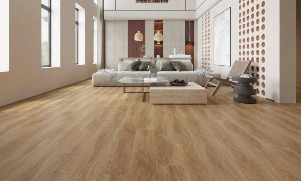Modern living room with SPC wood flooring