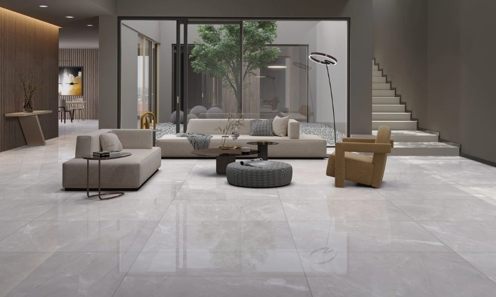 Grey marble style ceramic tiles for lounge