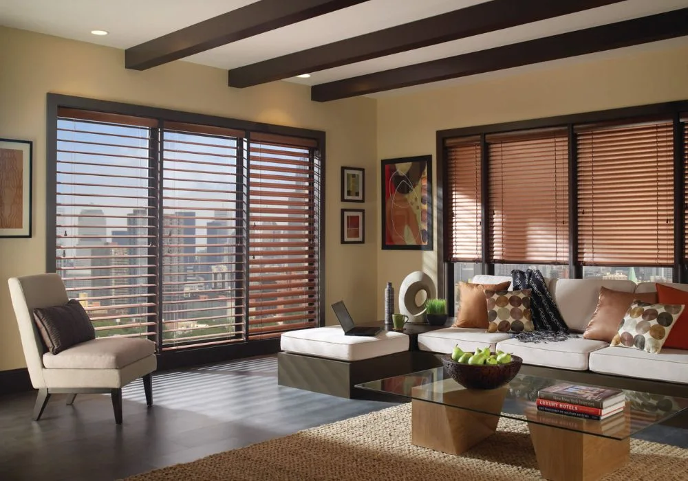 Large window wooden blinds city view