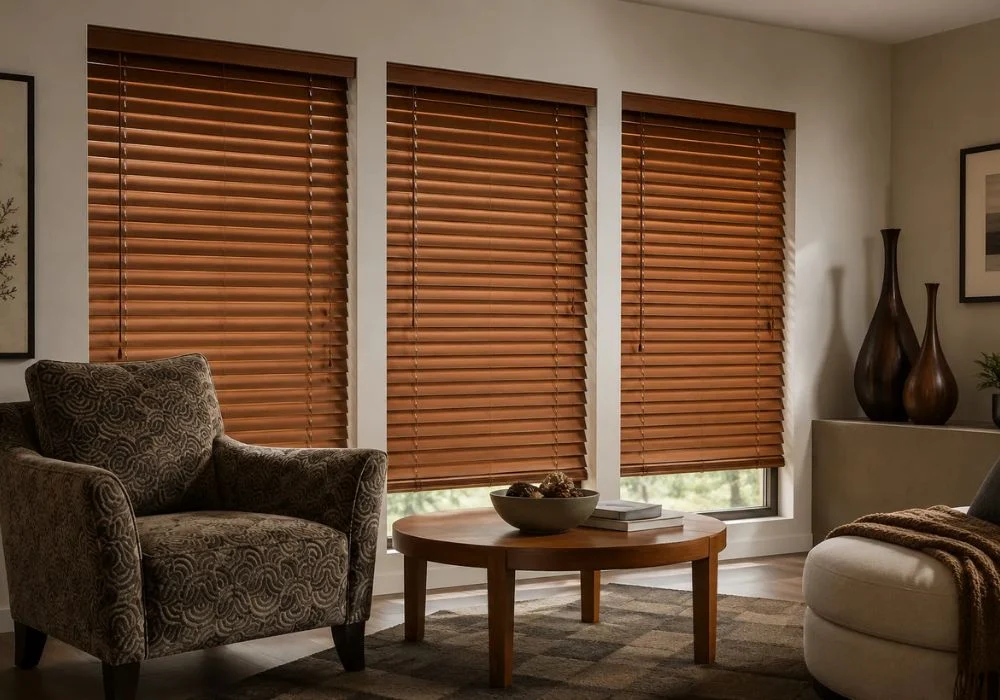 Rich mahogany wooden blinds lounge area