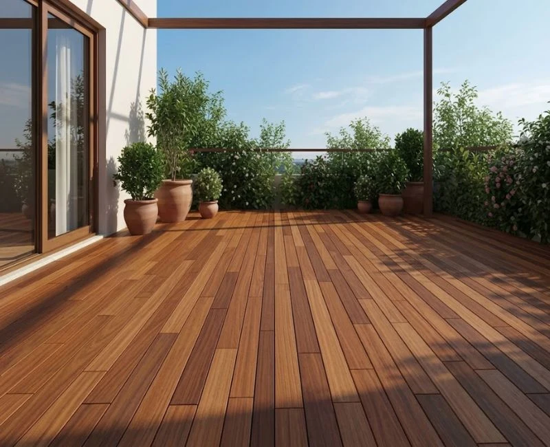 Modern terrace wooden deck planks installation