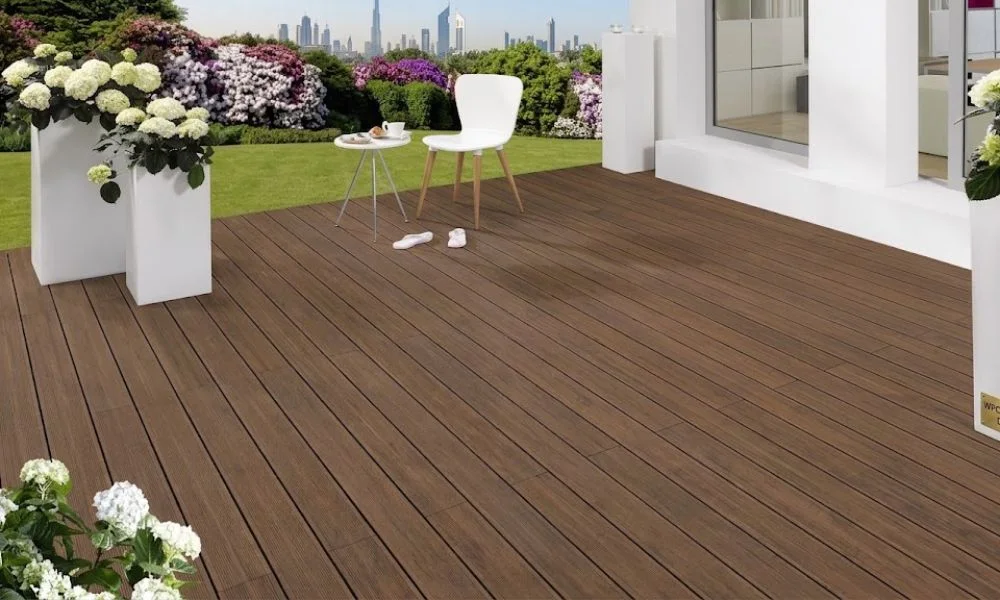Modern villa patio with dark WPC flooring