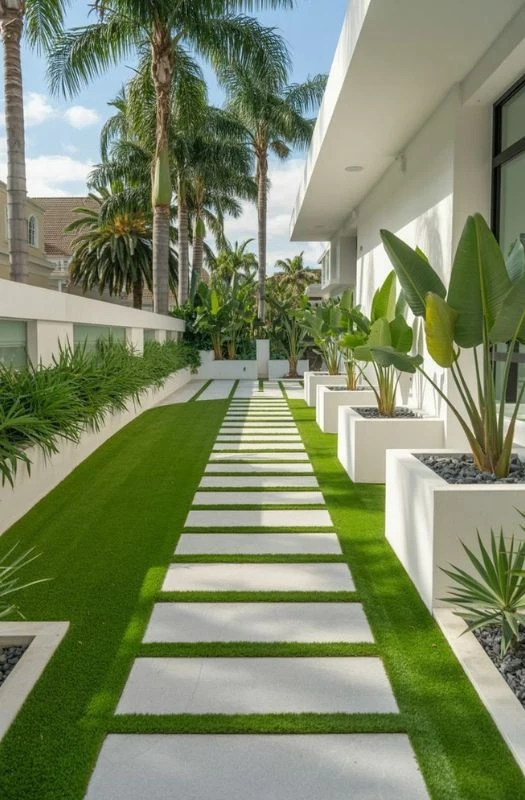 Modern artificial grass walkway in Dubai villa