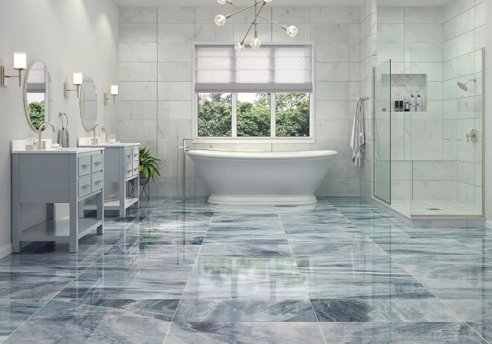 Modern bathroom marble flooring installation in Dubai