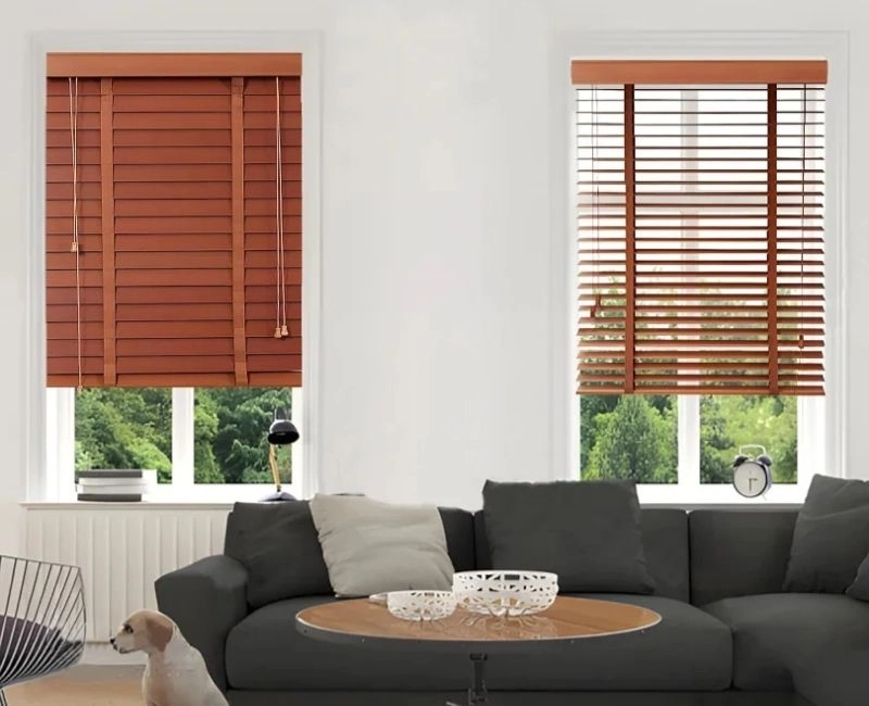 Reddish brown wooden blinds modern room