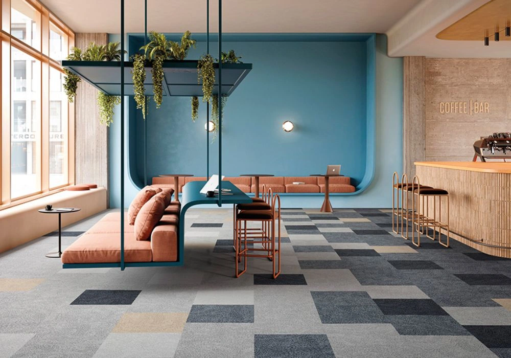 Modern cafe lounge with multi grey carpet
