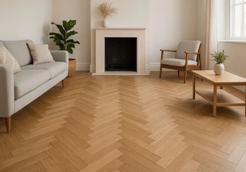 Minimalist living room with natural oak herringbone