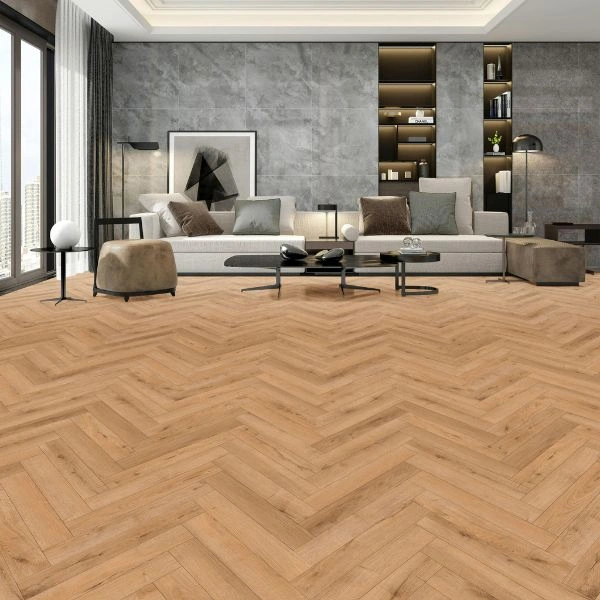 Natural oak herringbone flooring in apartment lounge