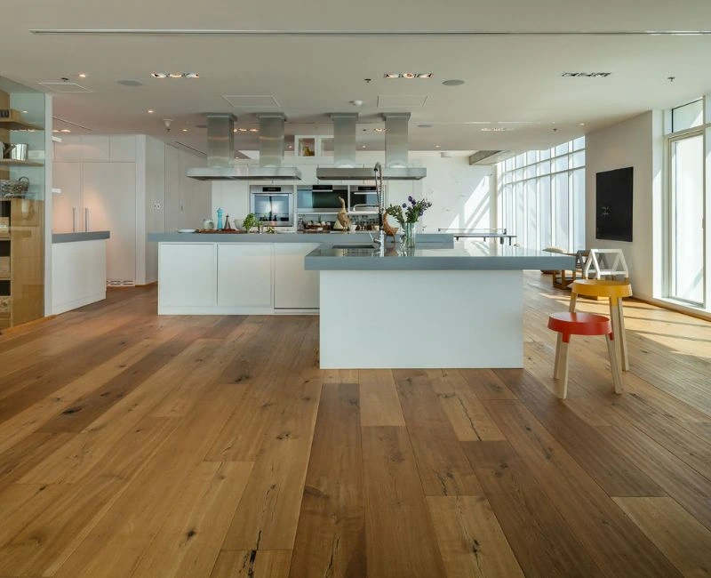 Natural oak wood flooring open kitchen