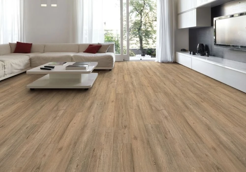 Modern TV room natural wood vinyl flooring