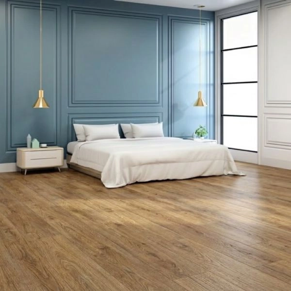 Modern bedroom with natural oak WPC floor