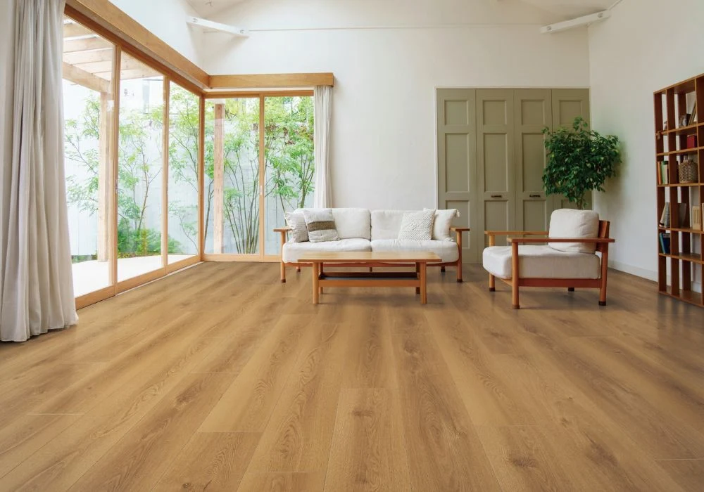 Natural pine wood flooring bright room