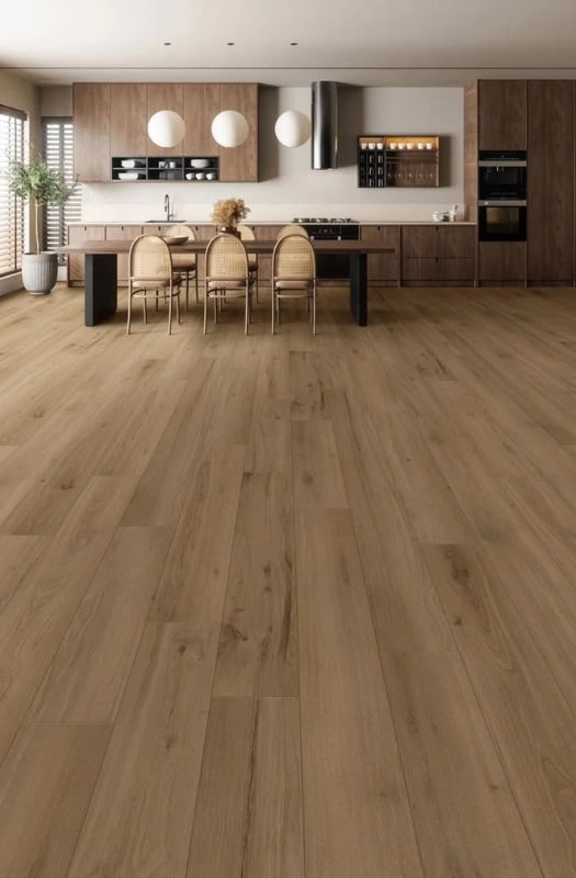 Modern open dining kitchen walnut vinyl flooring