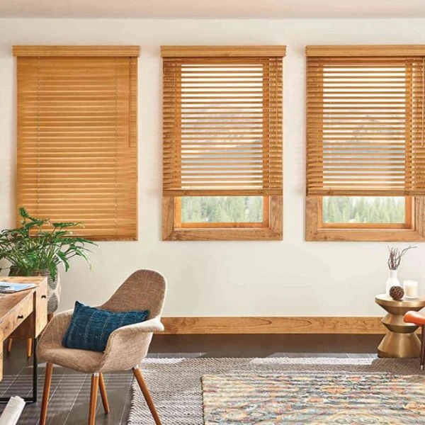 Natural wooden blinds cozy lounge area