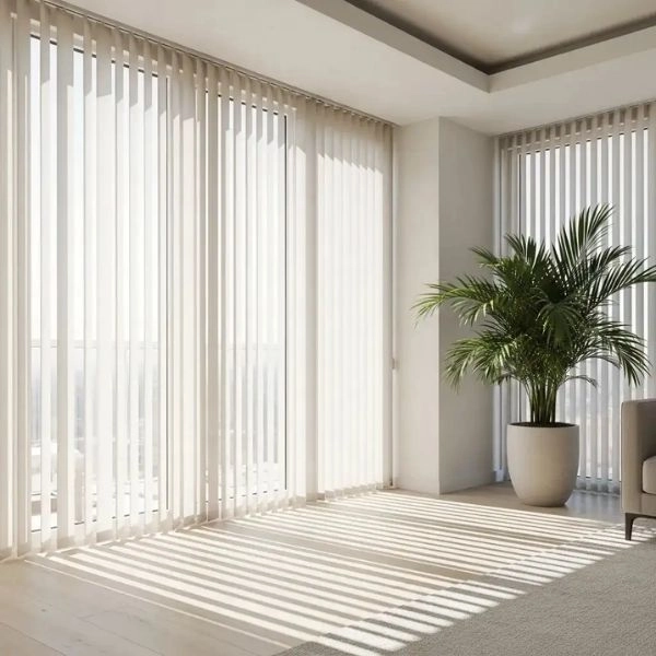 Off white vertical blinds glass window