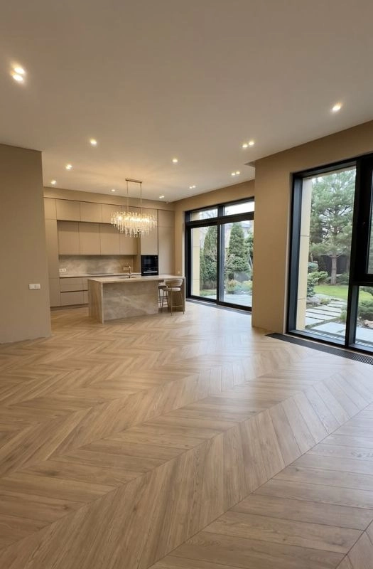 Light wood chevron herringbone floor open villa