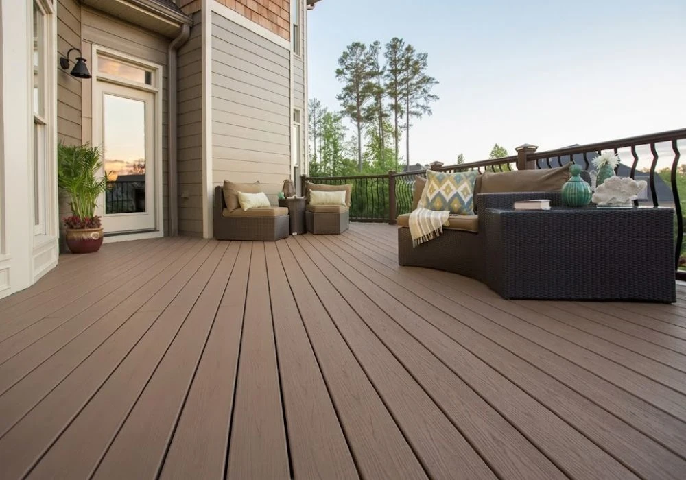Brown composite deck floor on house balcony