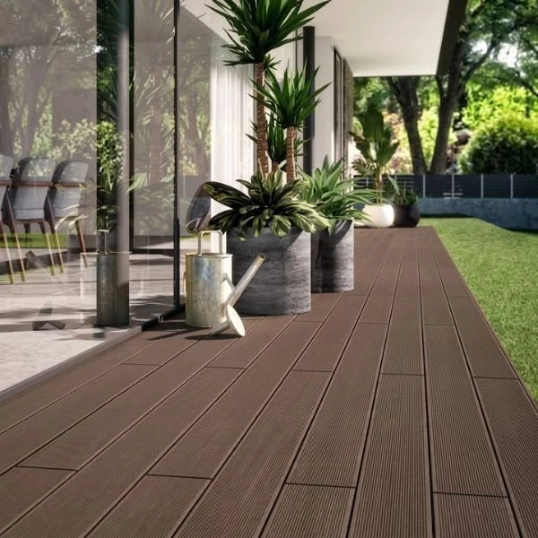 Modern patio garden with dark WPC deck planks