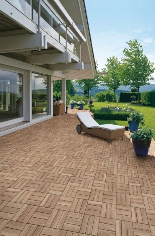 Modern house garden terrace with wood tiles