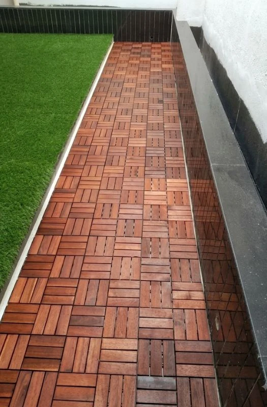 Garden walkway with interlock wood deck tiles