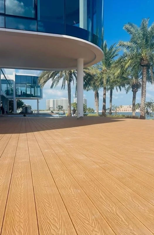Modern outdoor floor with light wood deck planks
