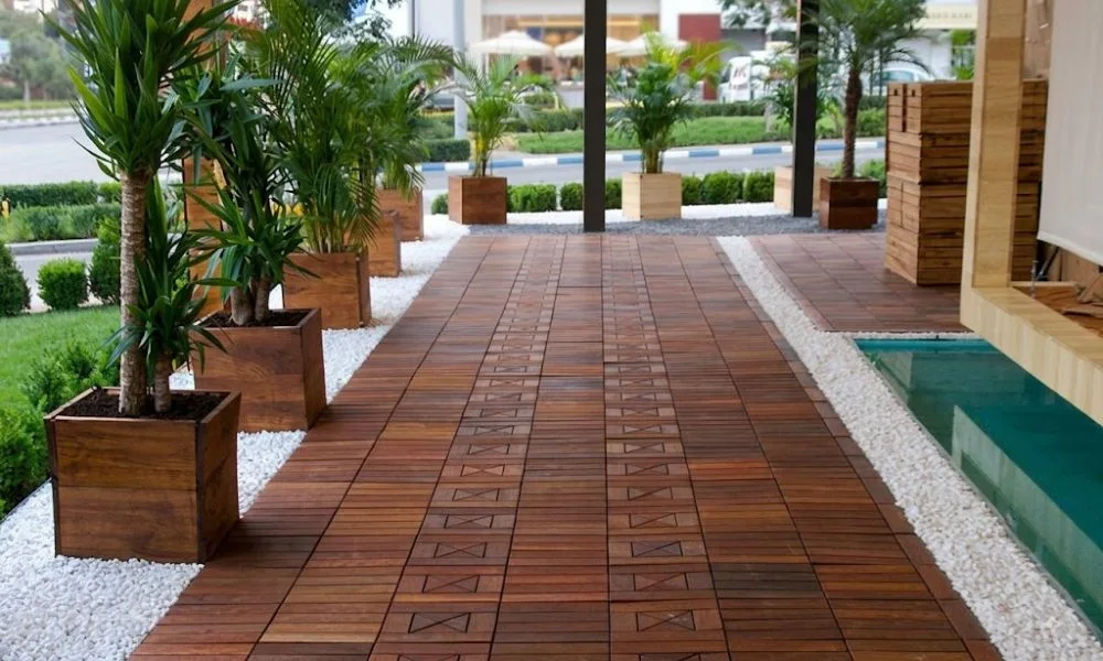Large outdoor patio with teak wood deck tiles