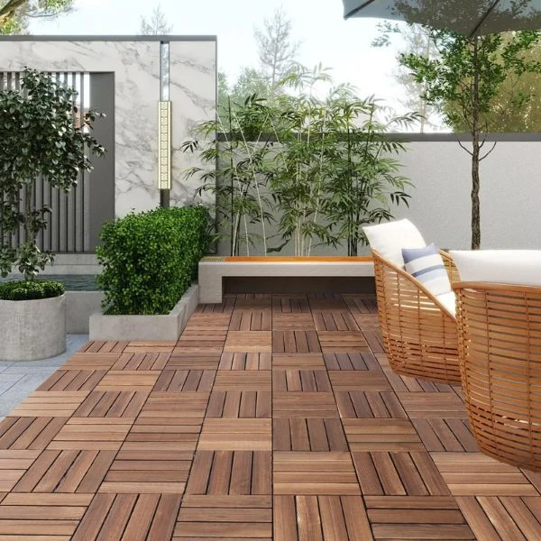 Interlocking wooden outdoor patio deck tiles