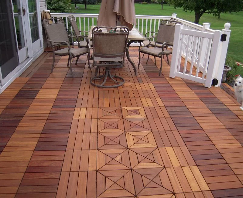 Patterned outdoor wooden deck tiles patio