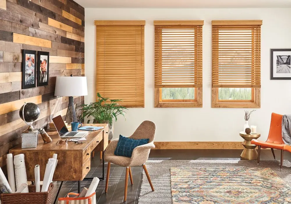 Light pine wooden blinds study space