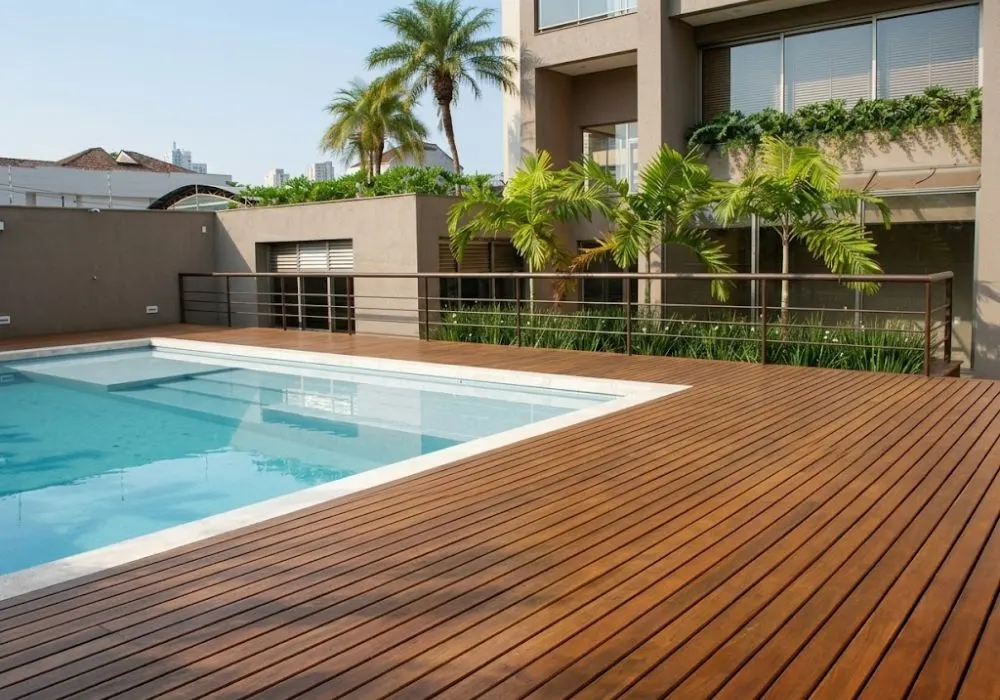 Luxury villa swimming pool wood deck flooring
