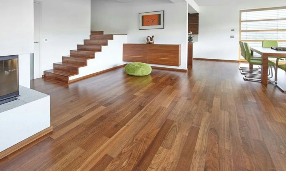 Modern living room with dark parquet flooring