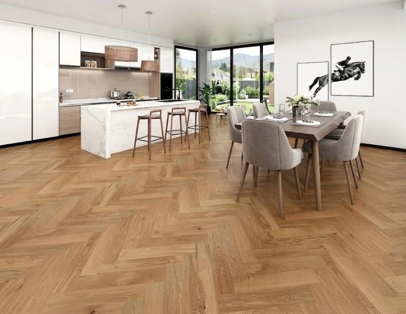 Modern open kitchen with herringbone flooring