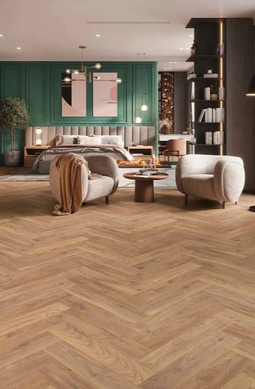 Modern lounge interior with oak parquet flooring