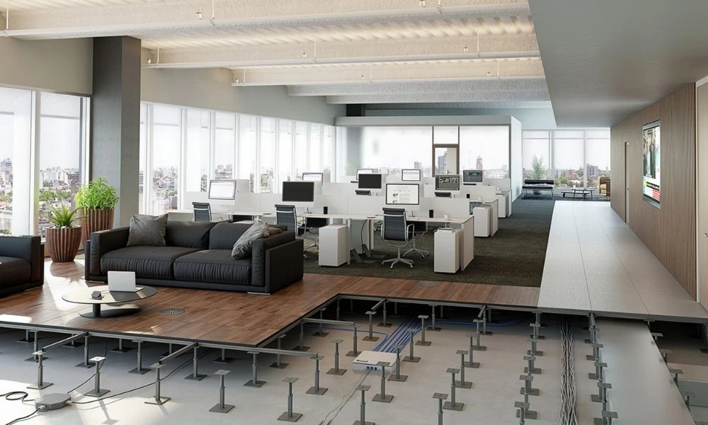 Raised access flooring system for office spaces
